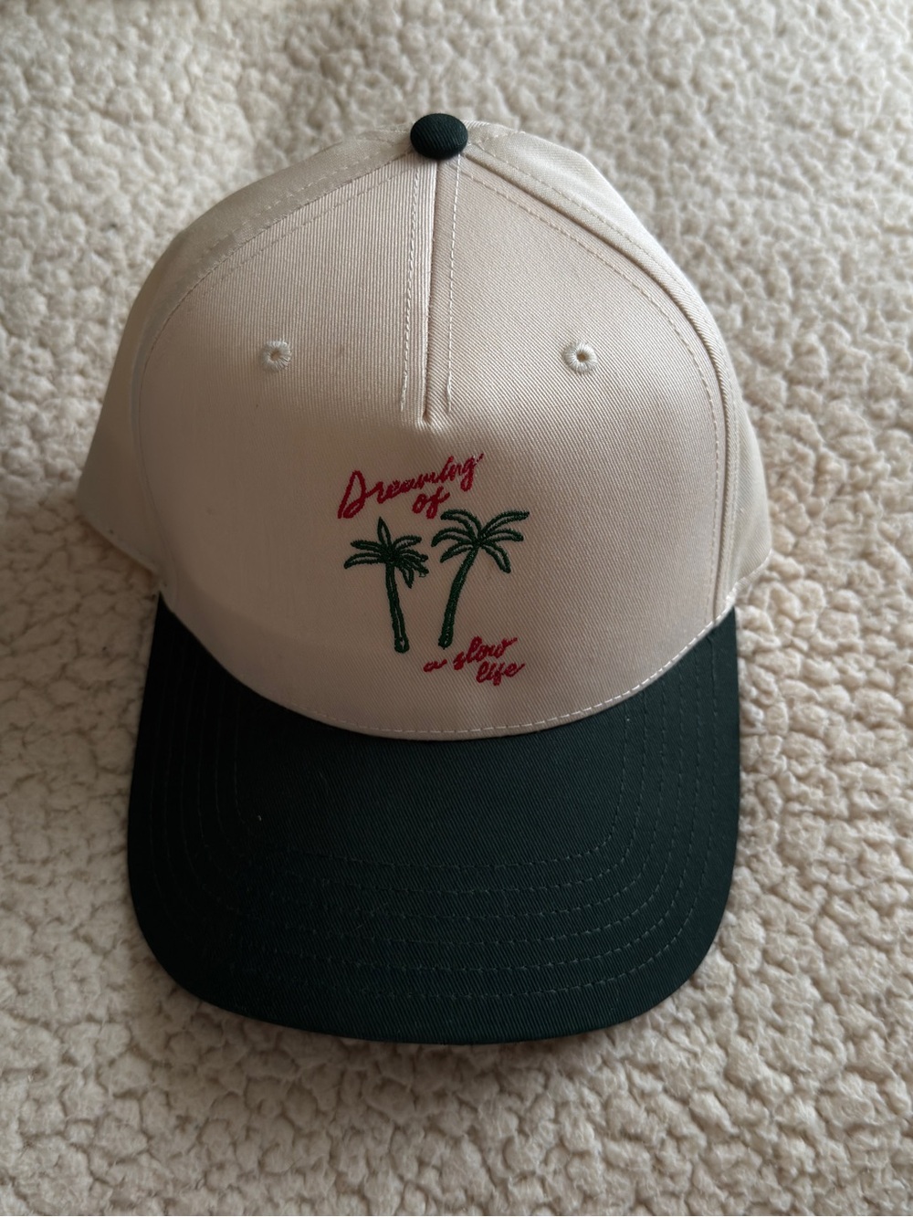 Cream & Green Dreaming Of A Slow Life Embroidered Trucker Hat